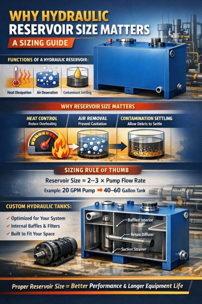 Infographic explaining why hydraulic reservoir size matters, showing heat dissipation, air deaeration, contamination settling, and a sizing rule of 2–3 times pump flow rate with custom hydraulic tank design.