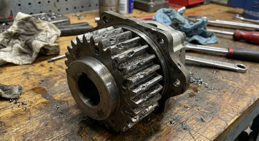 Hydraulic pump failure showing cavitation damage caused by low inlet pressure and suction restrictions