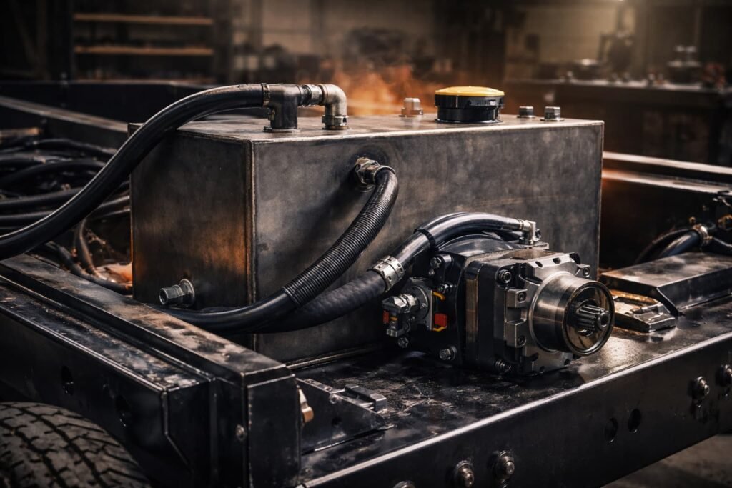 dump trailer hydraulic system with steel reservoir tank showing overheating hydraulic oil conditions