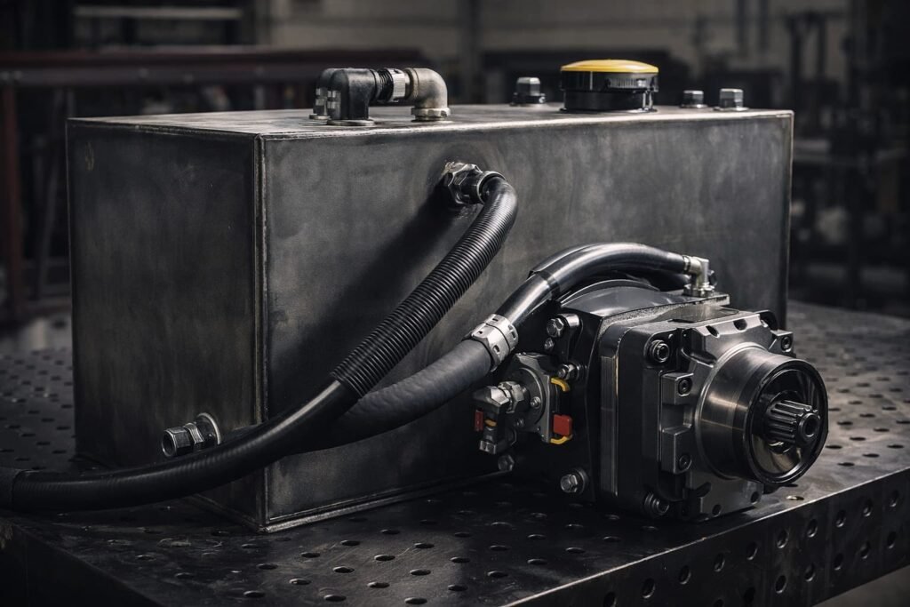 hydraulic pump suction line connected to steel reservoir tank in manufacturing shop