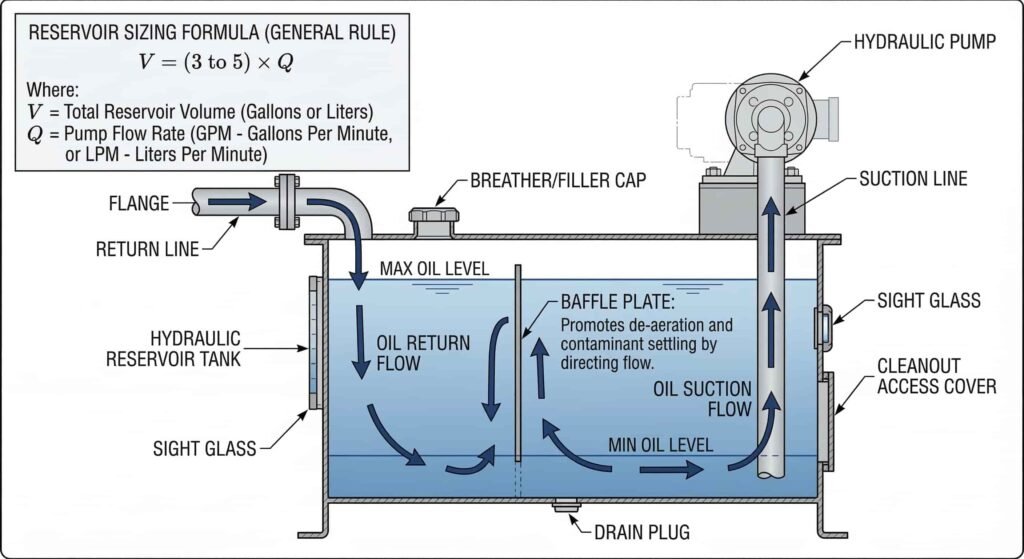 Hydraulic reservoir tank sizing formula diagram showing pump flow and oil return circulation